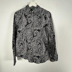 Lauren Ralph Lauren Womens Black Paisley Button-Up Shirt Medium Non-Iron Cotton
